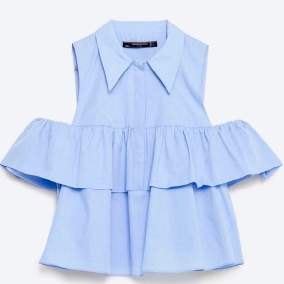 Zara Tops - Zara blue ruffle button up off the shoulder top women's Size Small